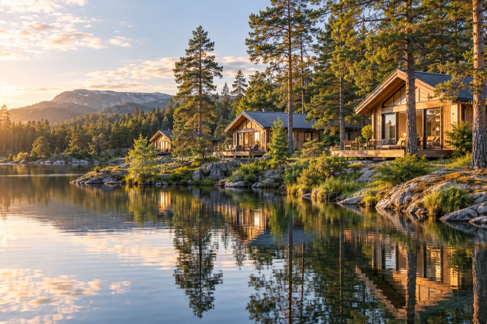 Houten vakantiehuisjes tussen de bomen aan een rustig meer